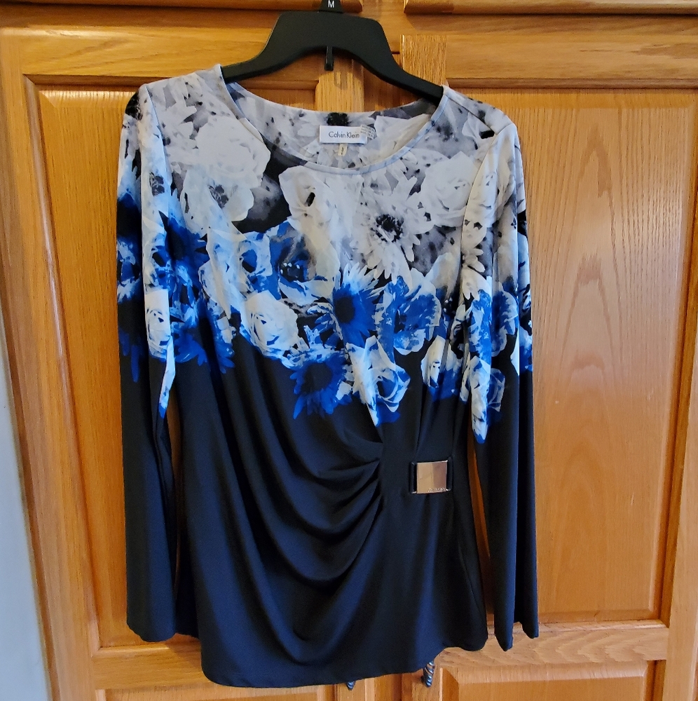 Calvin Klein Black and Blue Ruched Asymmetrical Blouse